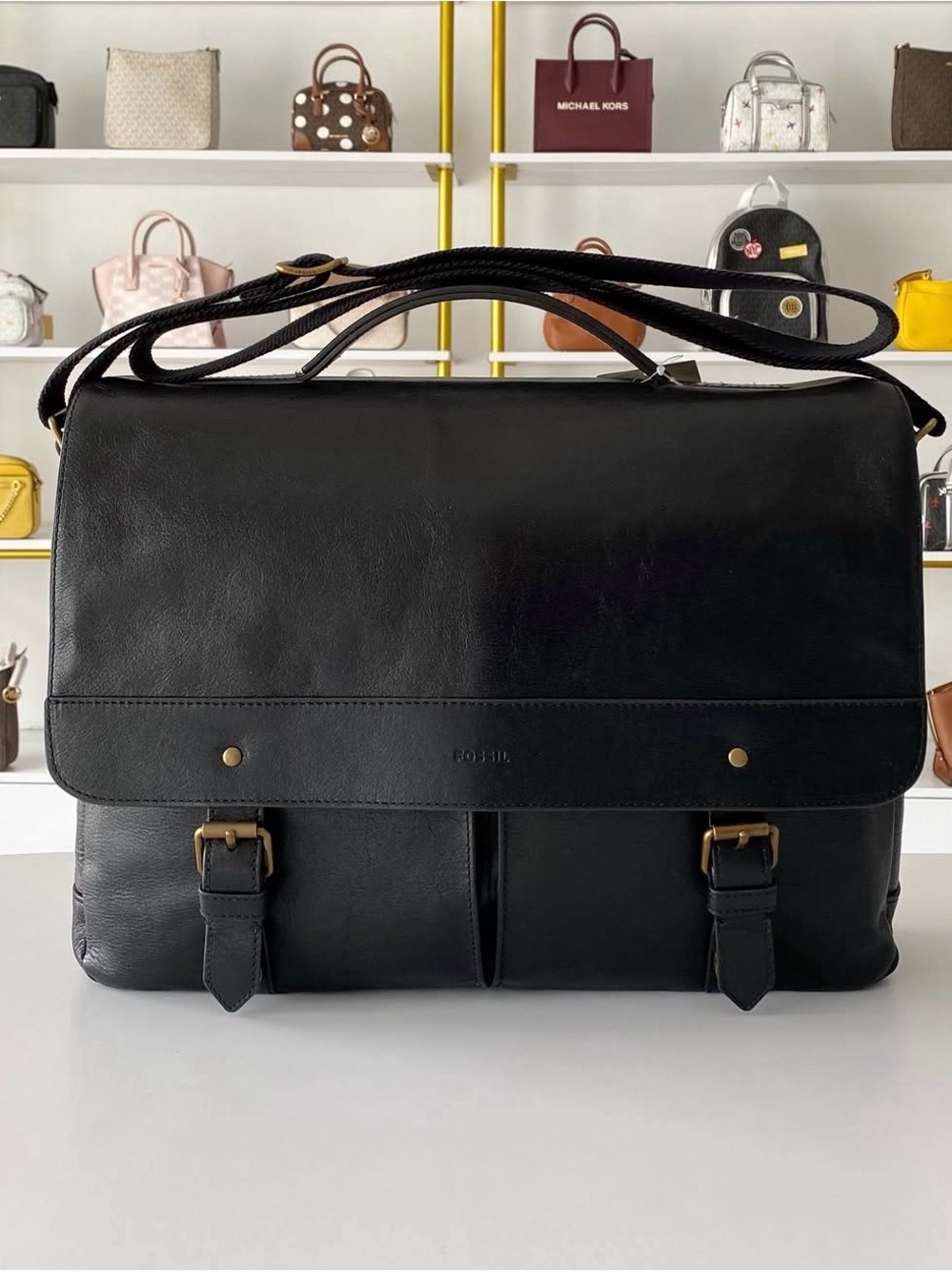 Fossil Black Leather Double-Buckle Messenger Bag - Picture 1 of 7